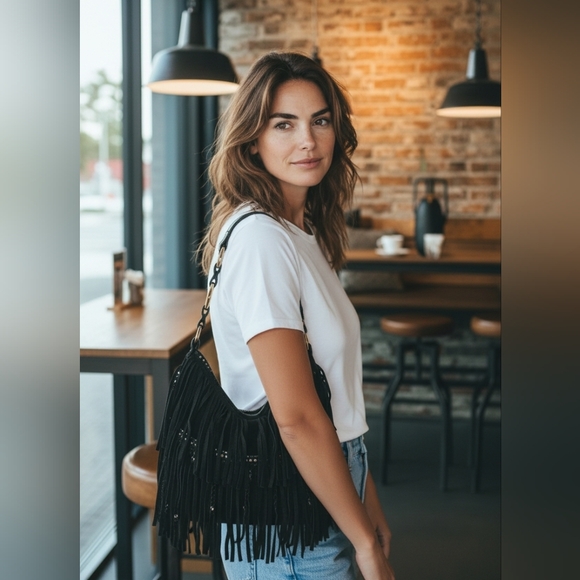 Pietro Alessandro Black Suede Snakeskin Fringe Shoulder Bag - Picture 3 of 8